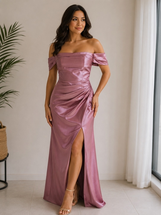 JJs House Dresses & Skirts - JJs House One-Shoulder Mauve Pink Satin Evening Gown. 0375